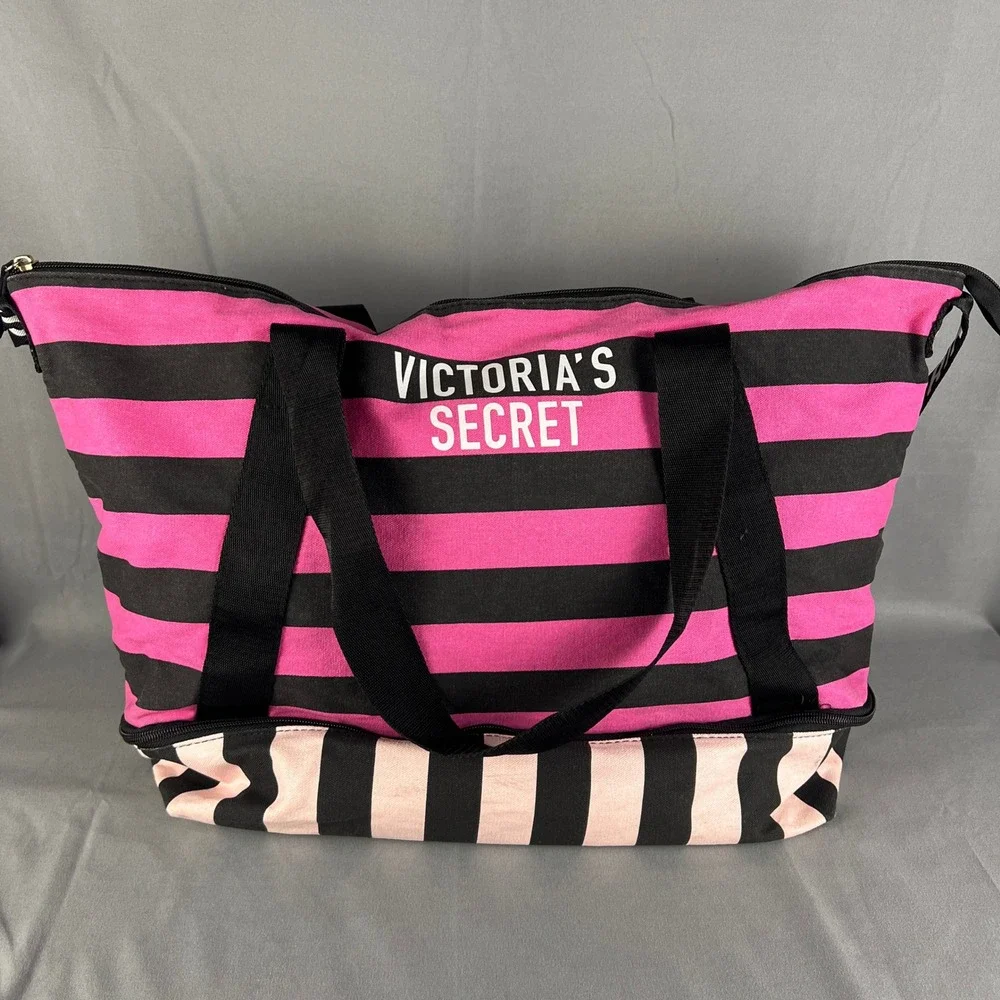 Victoria's Secret Weekender Tote Bag Women Black Pink Striped Bottom Zip Storage